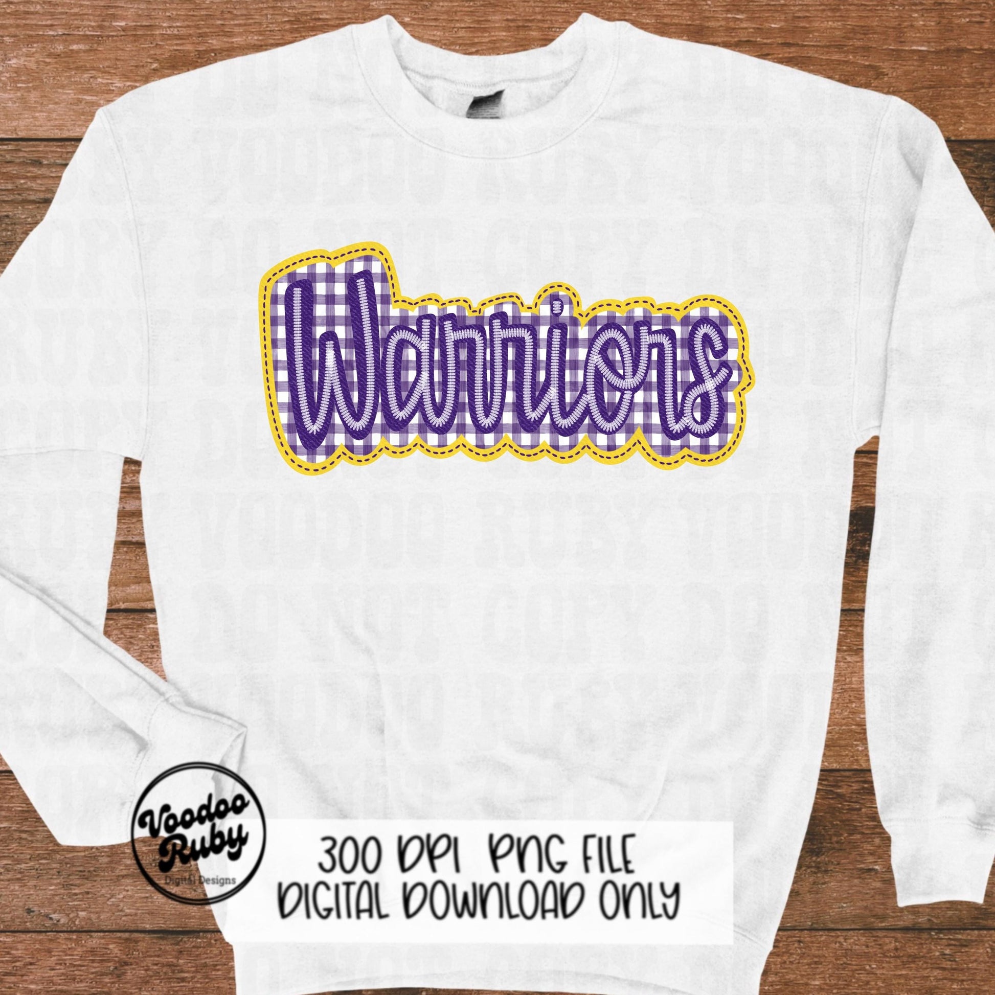 Warriors PNG Design Embroidery Faux Applique Hand Drawn Digital Download Sublimation Warriors DTF Printable Purple Warriors Mascot Football