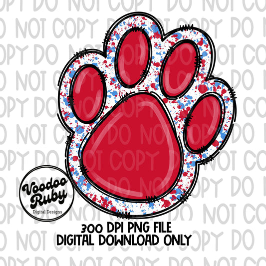 May include: A red paw print with a white background and blue and red paint splatters. The paw print is outlined in black. The text &#39;Voodoo Ruby Digital Designs&#39; is in a circle at the bottom left of the image. The text &#39;300 DPI PNG FILE DIGITAL DOWNLOAD ONLY&#39; is at the bottom center of the image.