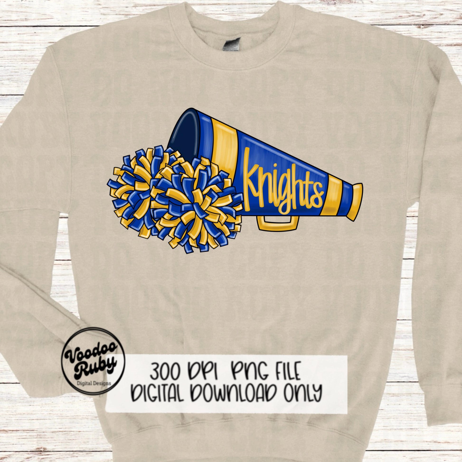 Knights Cheer PNG Sublimation Design Hand Drawn Digital Download Football PNG Blue Gold Knights png Cheerleader Clip Art Megaphone DTF