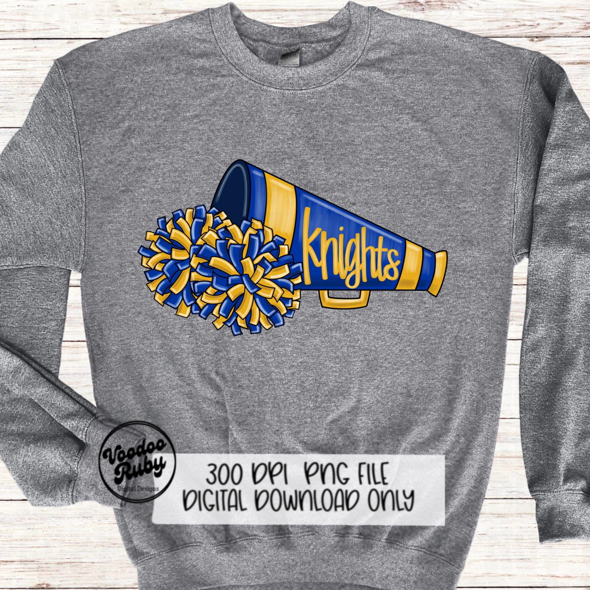 Knights Cheer PNG Sublimation Design Hand Drawn Digital Download Football PNG Blue Gold Knights png Cheerleader Clip Art Megaphone DTF