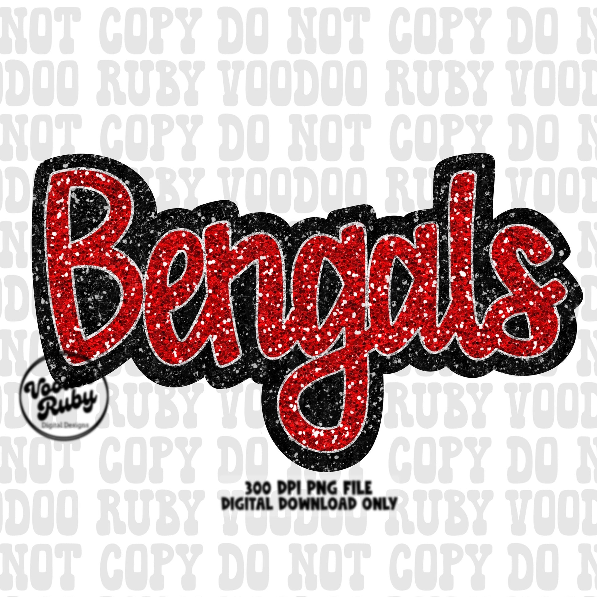 May include: Red and black glitter text that reads 'Bengals' with a white background. The text is surrounded by a black outline. The text is 300 DPI and is a PNG file. The text is for digital download only.