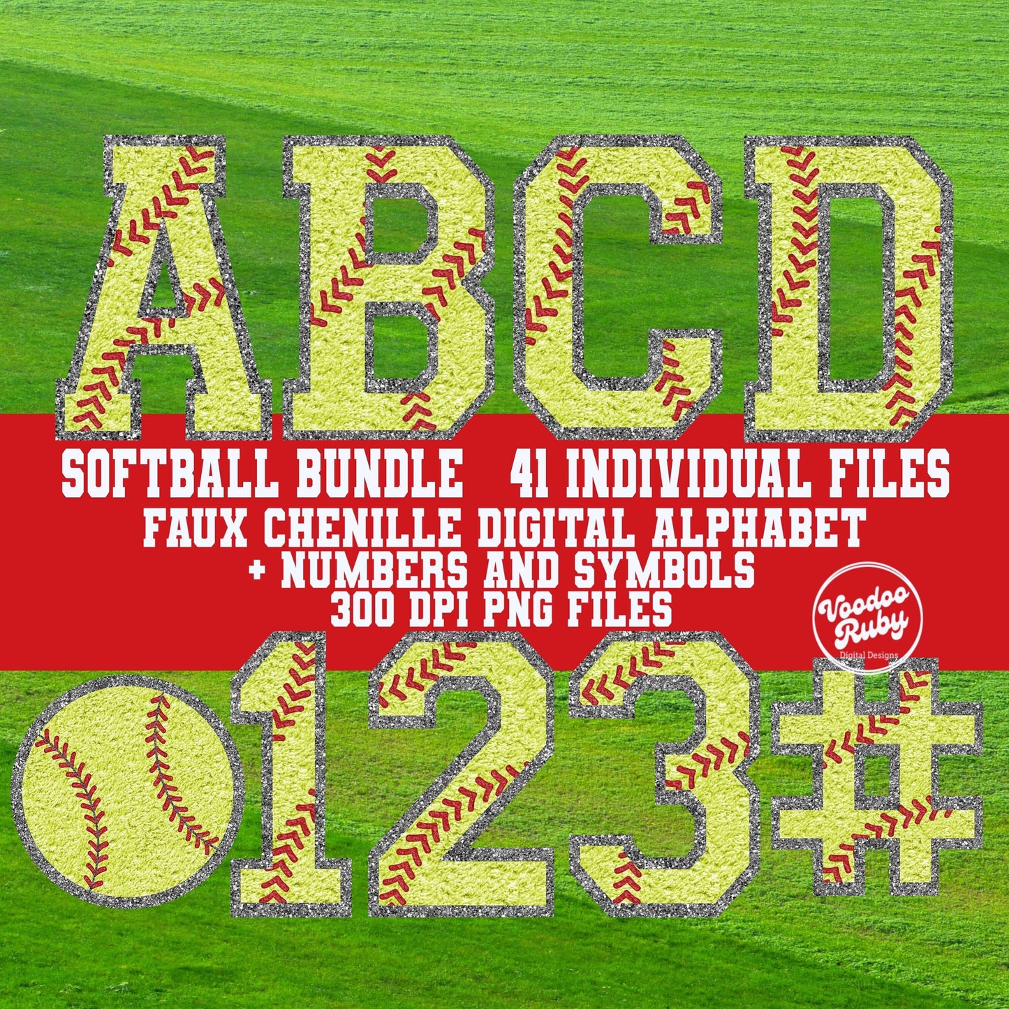 May include: A digital alphabet and numbers in a faux chenille style with a softball design. The letters and numbers are yellow with red stitching and a glittery texture. The text reads 'Softball Bundle 41 Individual Files Faux Chenille Digital Alphabet + Numbers and Symbols 300 DPI PNG Files' and 'Voodoo Ruby Designs'.