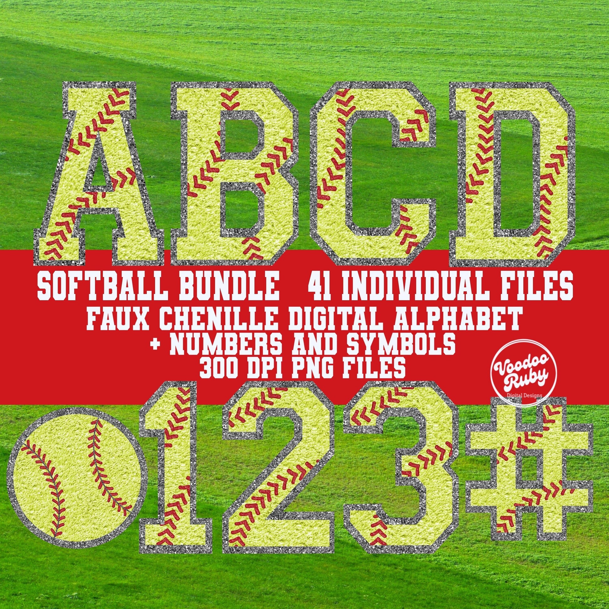 May include: A digital alphabet and numbers in a faux chenille style with a softball design. The letters and numbers are yellow with red stitching and a glittery texture. The text reads 'Softball Bundle 41 Individual Files Faux Chenille Digital Alphabet + Numbers and Symbols 300 DPI PNG Files' and 'Voodoo Ruby Designs'.