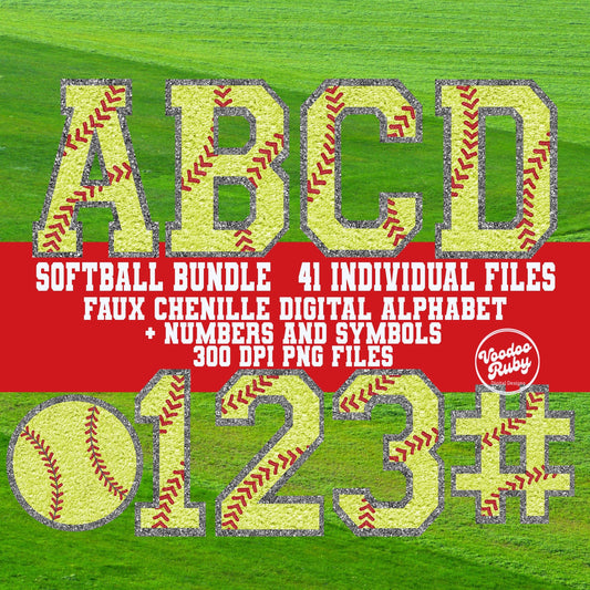 May include: A digital alphabet and numbers in a faux chenille style with a softball design. The letters and numbers are yellow with red stitching and a glittery texture. The text reads 'Softball Bundle 41 Individual Files Faux Chenille Digital Alphabet + Numbers and Symbols 300 DPI PNG Files' and 'Voodoo Ruby Designs'.
