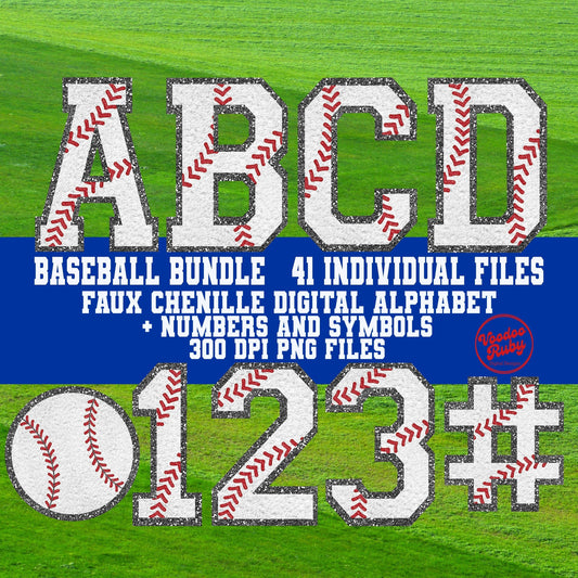 May include: Baseball themed faux chenille digital alphabet and numbers. The letters and numbers are white with red stitching and a glittery texture. The letters A, B, C, D, 0, 1, 2, 3, and the number sign are shown. The text reads 'Baseball Bundle 41 Individual Files Faux Chenille Digital Alphabet + Numbers and Symbols 300 DPI PNG Files Voodoo Ruby'.