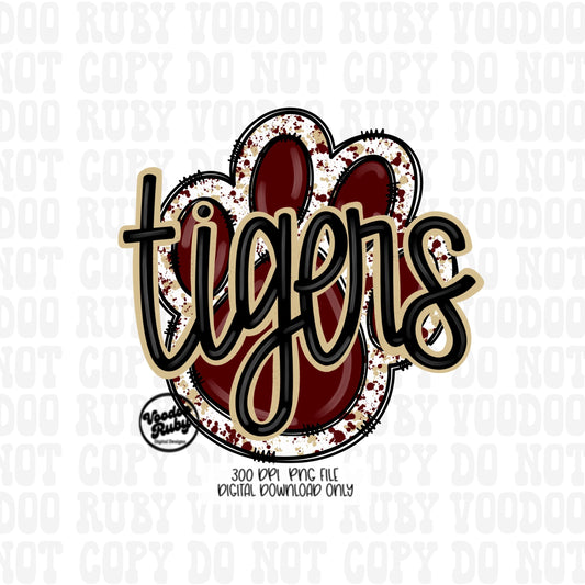 Tigers PNG Design Sublimation Hand Drawn Digital Download Football PNG Paw Print Mascot Maroon Gold Football DTF Printable