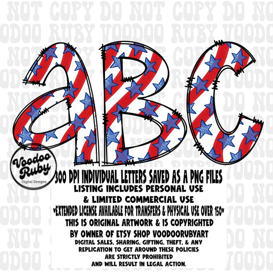4th of July USA Doodle Letters PNG Bundle: American Alphabet Clip Art