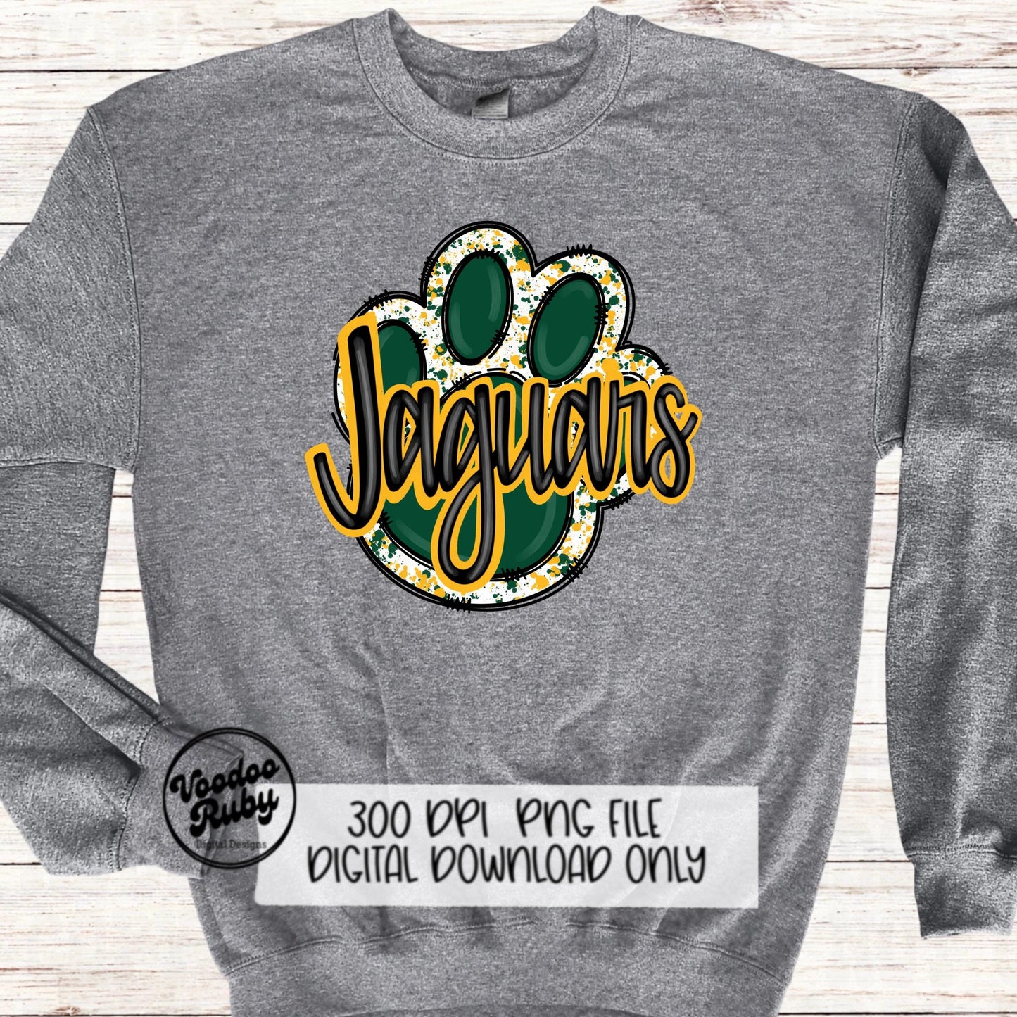 Jaguars PNG Design Hand Drawn Digital Download Football PNG Paw Print Sublimation Design Green Gold Jaguars Football DTF Printable Cheer png
