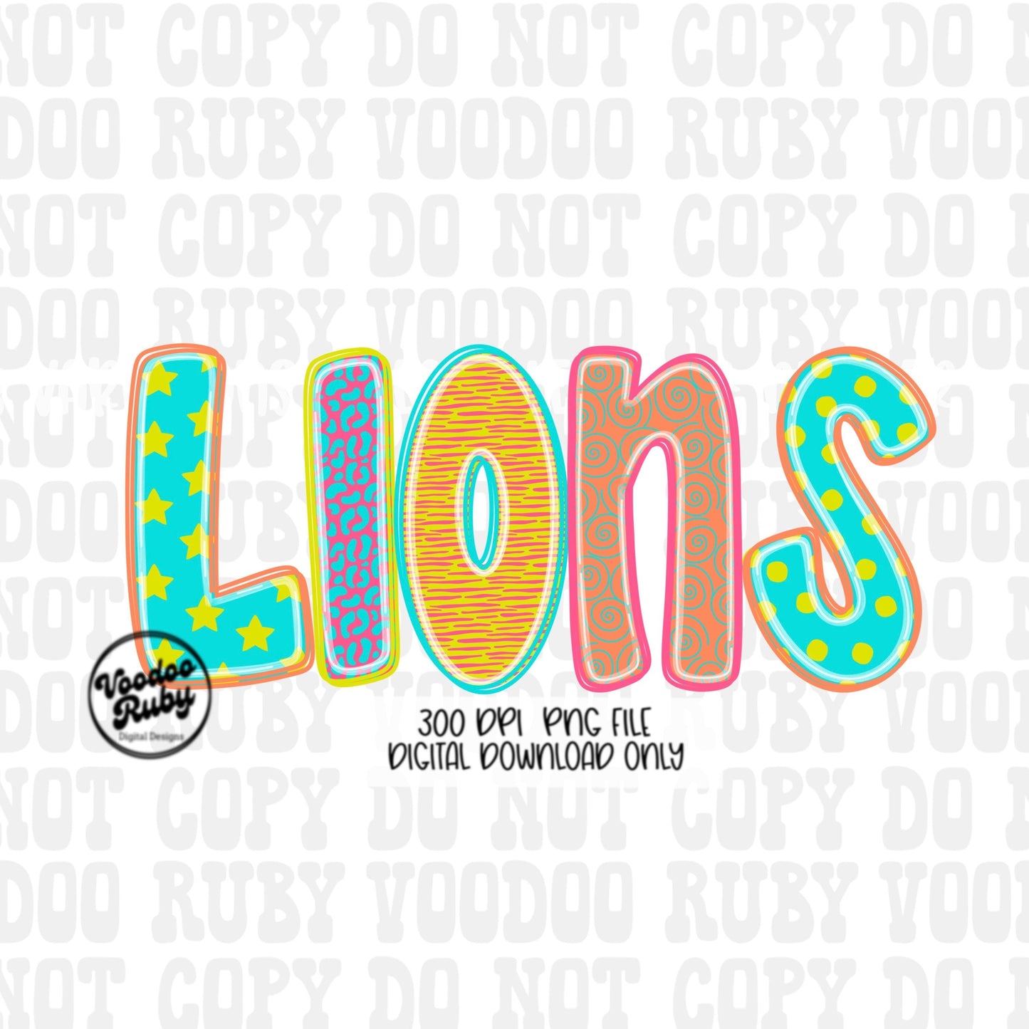 Colorful Lions Mascot PNG: Hand-Drawn Football Clip Art (Digital Download)