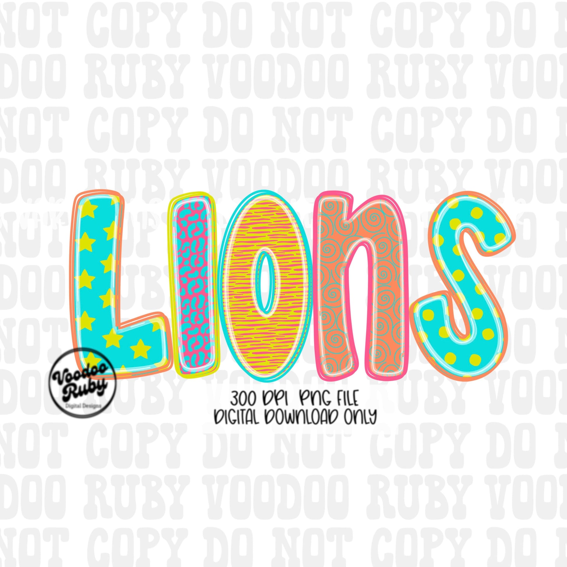 Colorful Lions Mascot PNG: Hand-Drawn Football Clip Art (Digital Download)