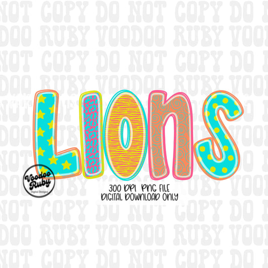 Colorful Lions Mascot PNG: Hand-Drawn Football Clip Art (Digital Download)