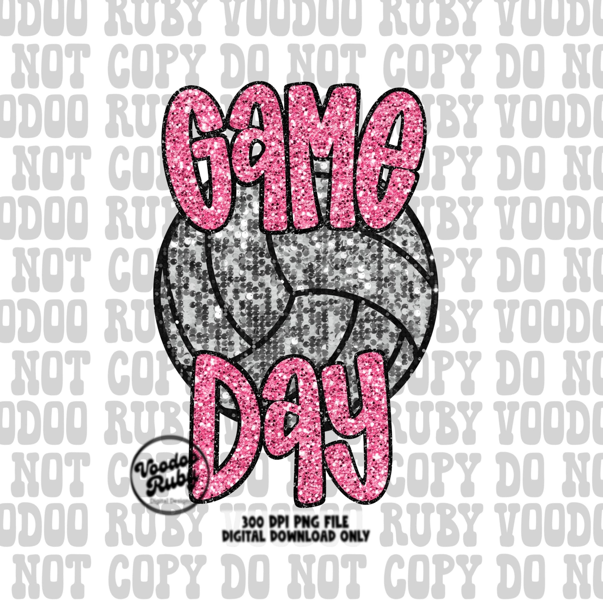 May include: Game Day sublimation design featuring pink glitter text on a silver glitter volleyball.  The words &#39;Game Day&#39; are prominently displayed in a pink glitter font. The volleyball graphic is detailed and realistic, with a textured appearance. The design is suitable for creating various products such as t-shirts, mugs, or other merchandise. The image includes the text &#39;300 DPI PNG FILE, DIGITAL DOWNLOAD ONLY&#39;.