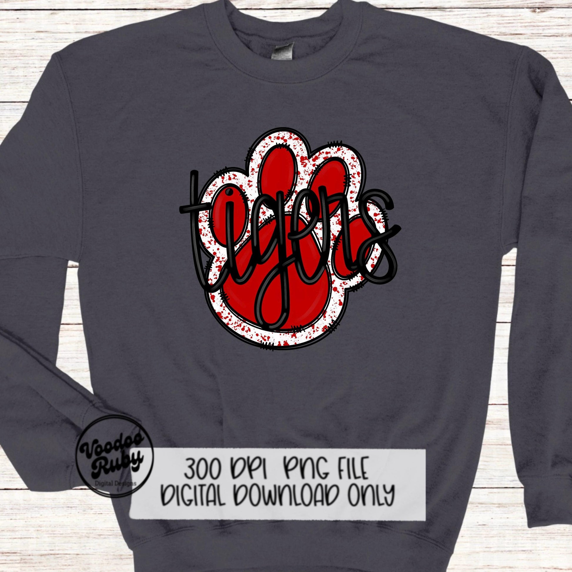 Tigers PNG Design Sublimation Hand Drawn Digital Download Football PNG Red Tigers Paw Print Tigers Football DTF Printable
