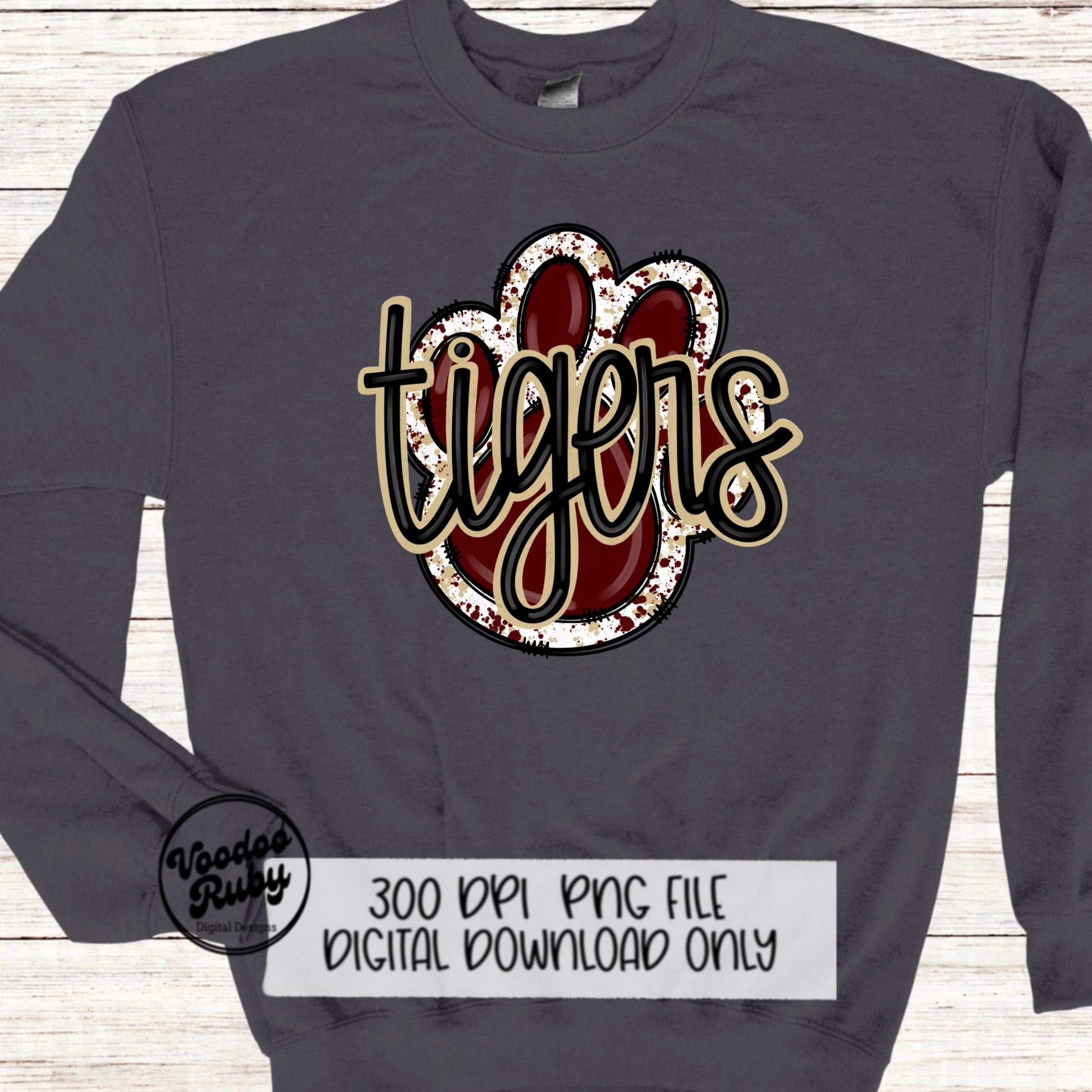 Tigers PNG Design Sublimation Hand Drawn Digital Download Football PNG Paw Print Mascot Maroon Gold Football DTF Printable