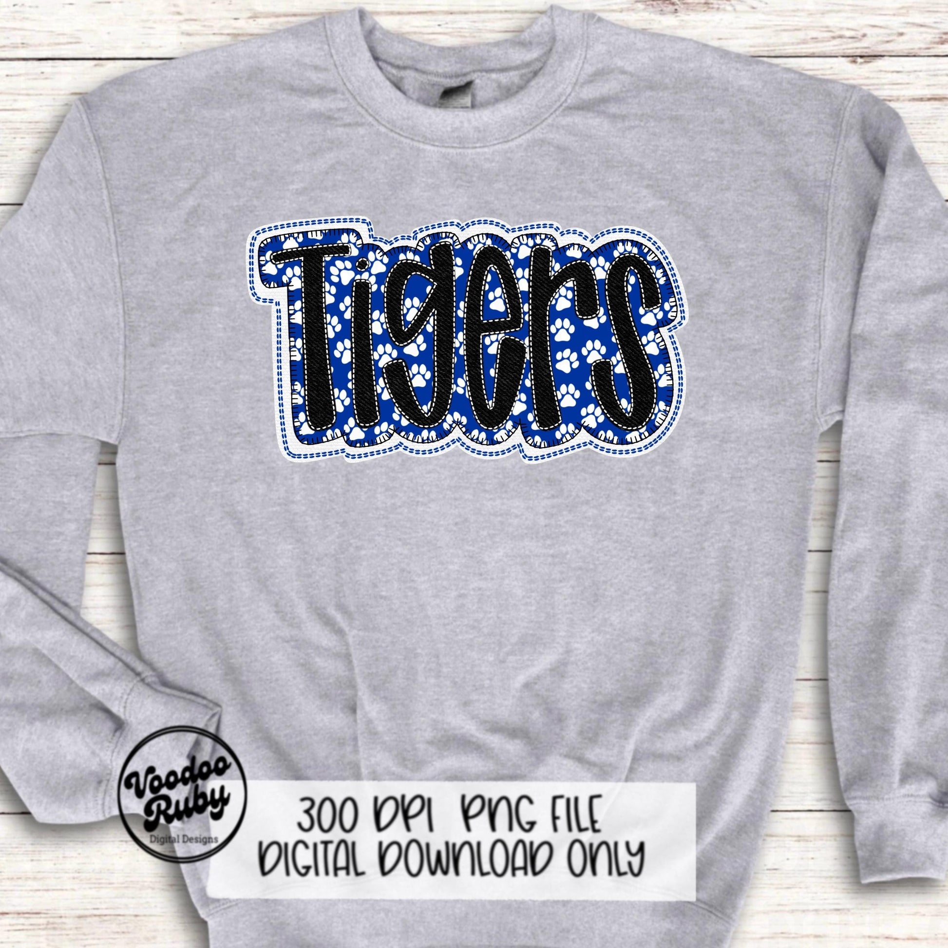 Tigers PNG Design Faux Embroidery Sublimation Hand Drawn Digital Download Blue White Tigers PNG Football png Mascot DTF Printable