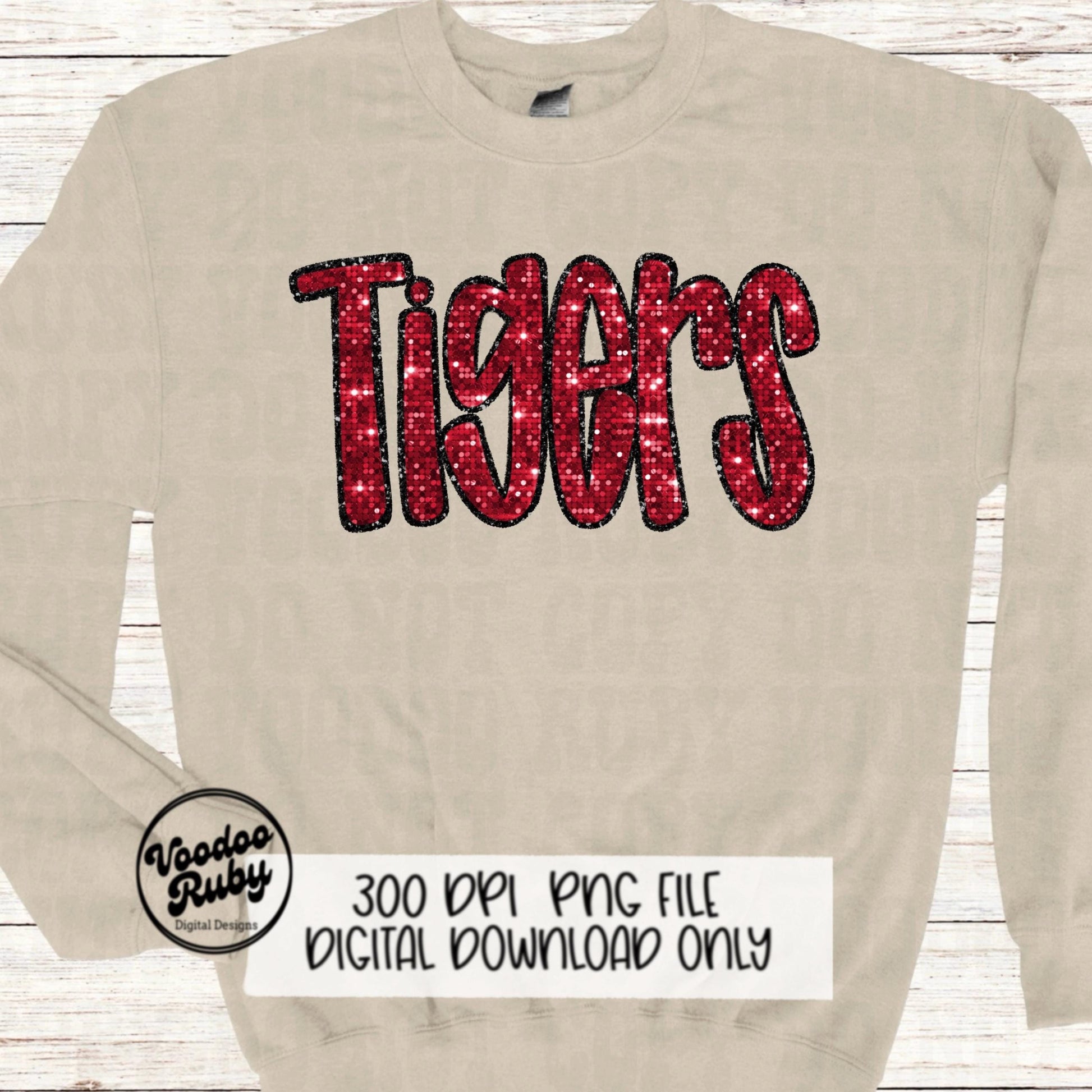 Tigers PNG Design Sequins Sublimation Hand Drawn Digital Download Faux Sequins Patch PNG Glitter Mascot Appliqué Red Tigers Football DTF