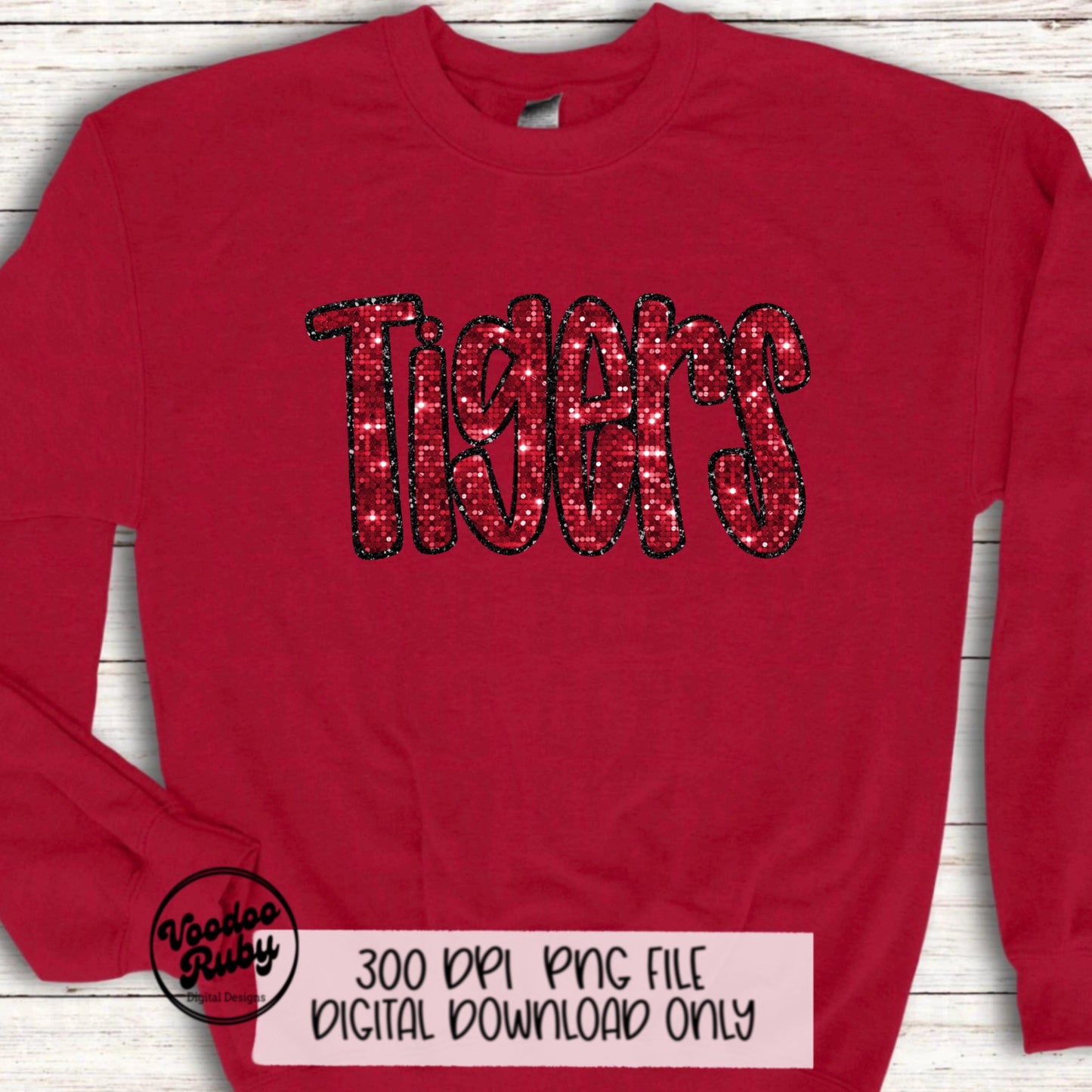 Tigers PNG Design Sequins Sublimation Hand Drawn Digital Download Faux Sequins Patch PNG Glitter Mascot Appliqué Red Tigers Football DTF