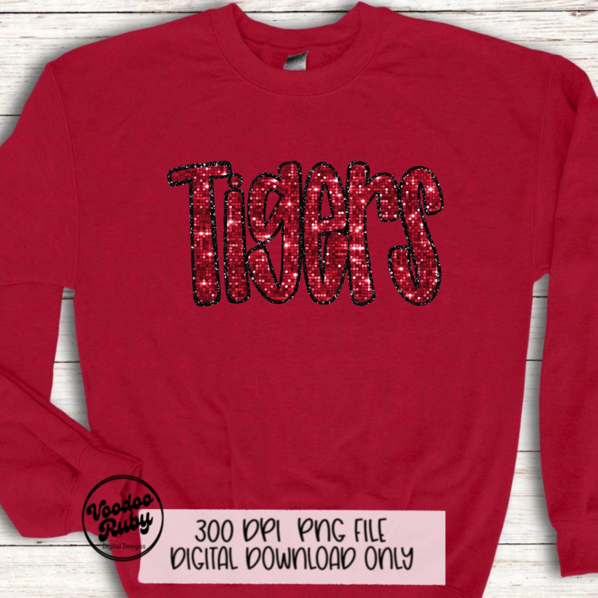 Tigers PNG Design Sequins Sublimation Hand Drawn Digital Download Faux Sequins Patch PNG Glitter Mascot Appliqué Red Tigers Football DTF