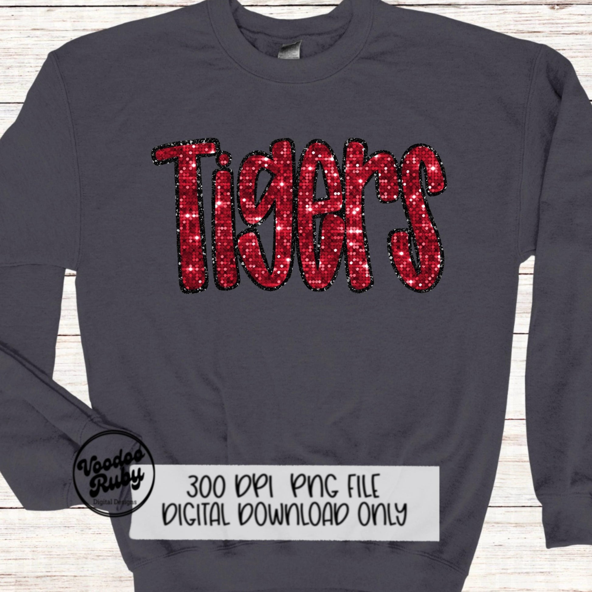 Tigers PNG Design Sequins Sublimation Hand Drawn Digital Download Faux Sequins Patch PNG Glitter Mascot Appliqué Red Tigers Football DTF
