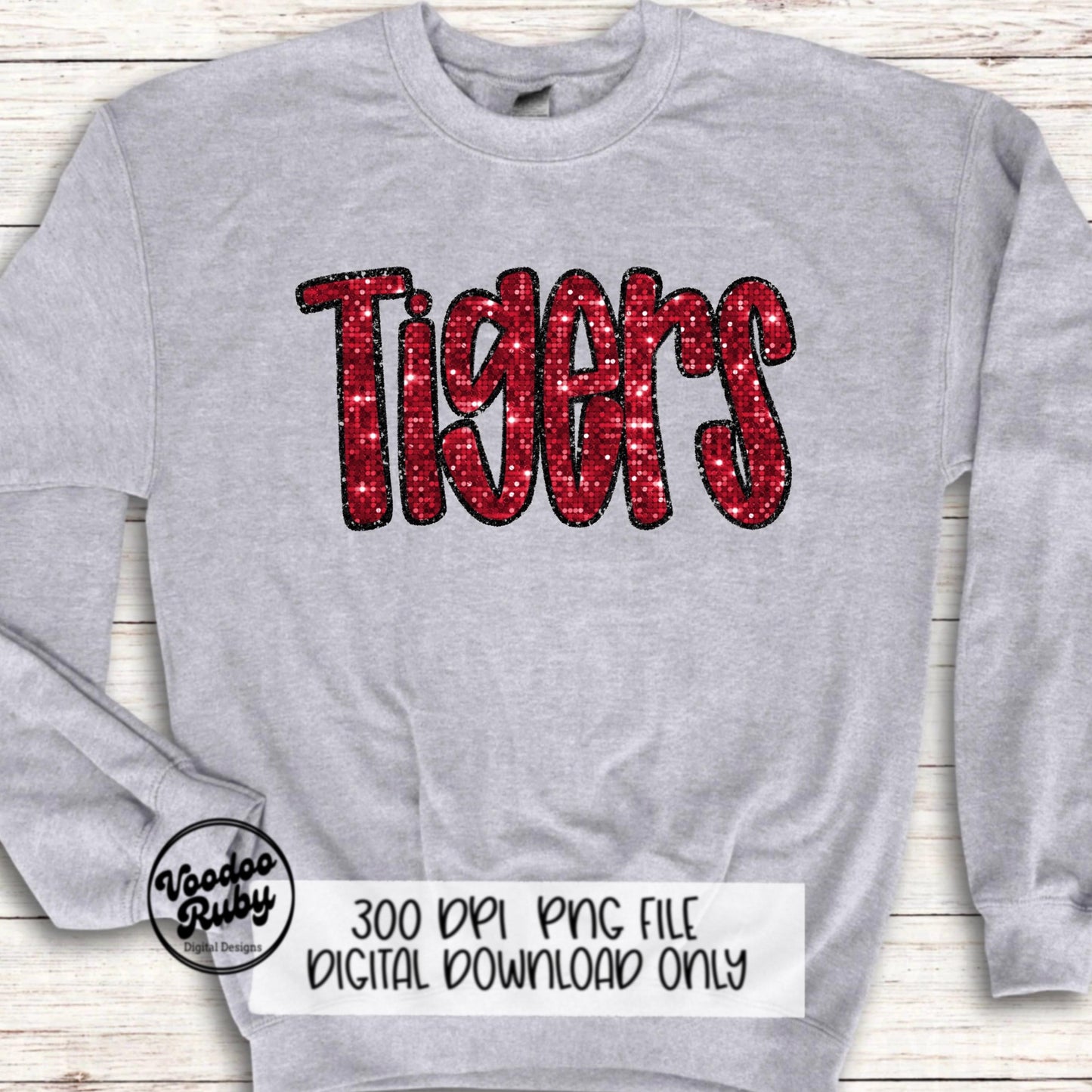 Tigers PNG Design Sequins Sublimation Hand Drawn Digital Download Faux Sequins Patch PNG Glitter Mascot Appliqué Red Tigers Football DTF