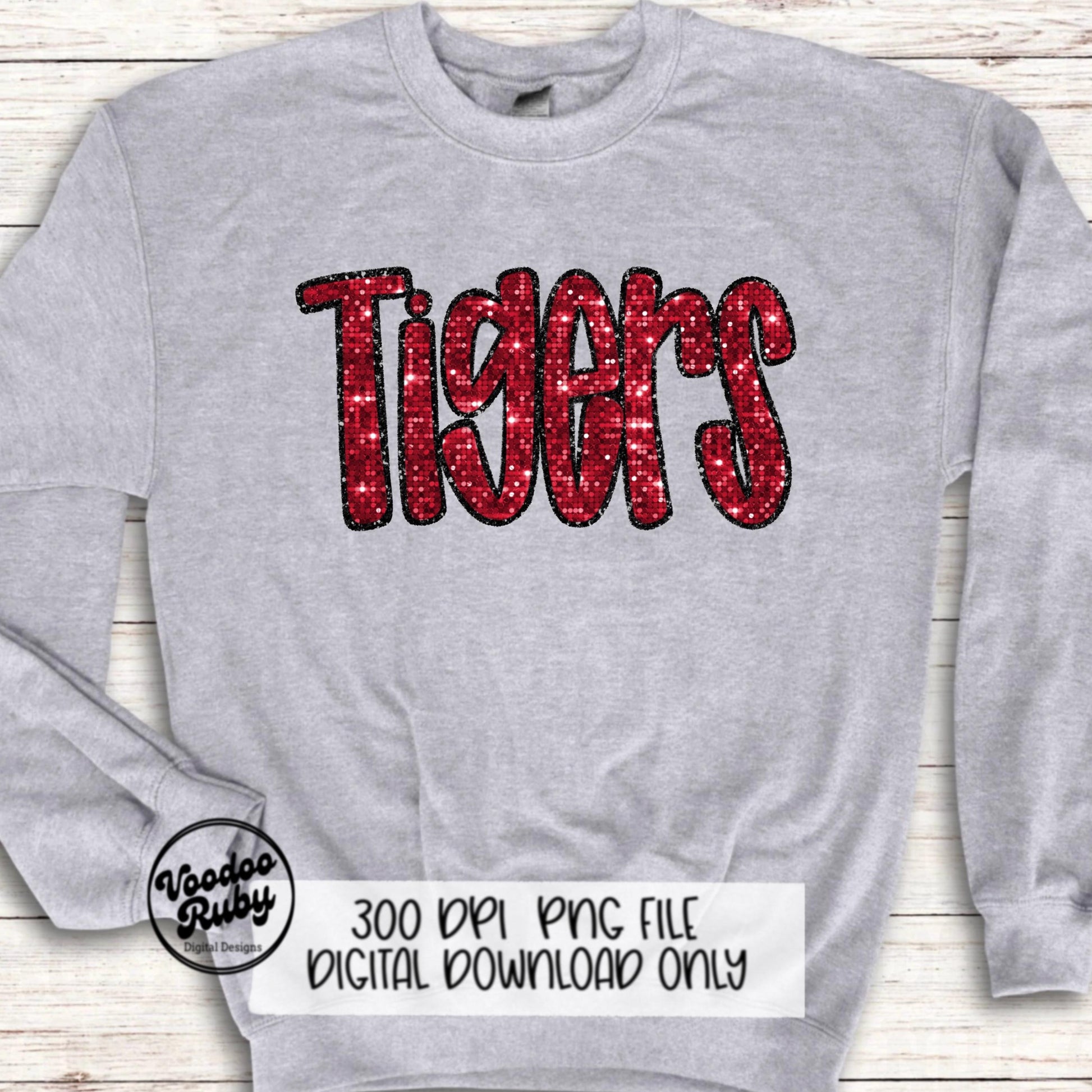 Tigers PNG Design Sequins Sublimation Hand Drawn Digital Download Faux Sequins Patch PNG Glitter Mascot Appliqué Red Tigers Football DTF