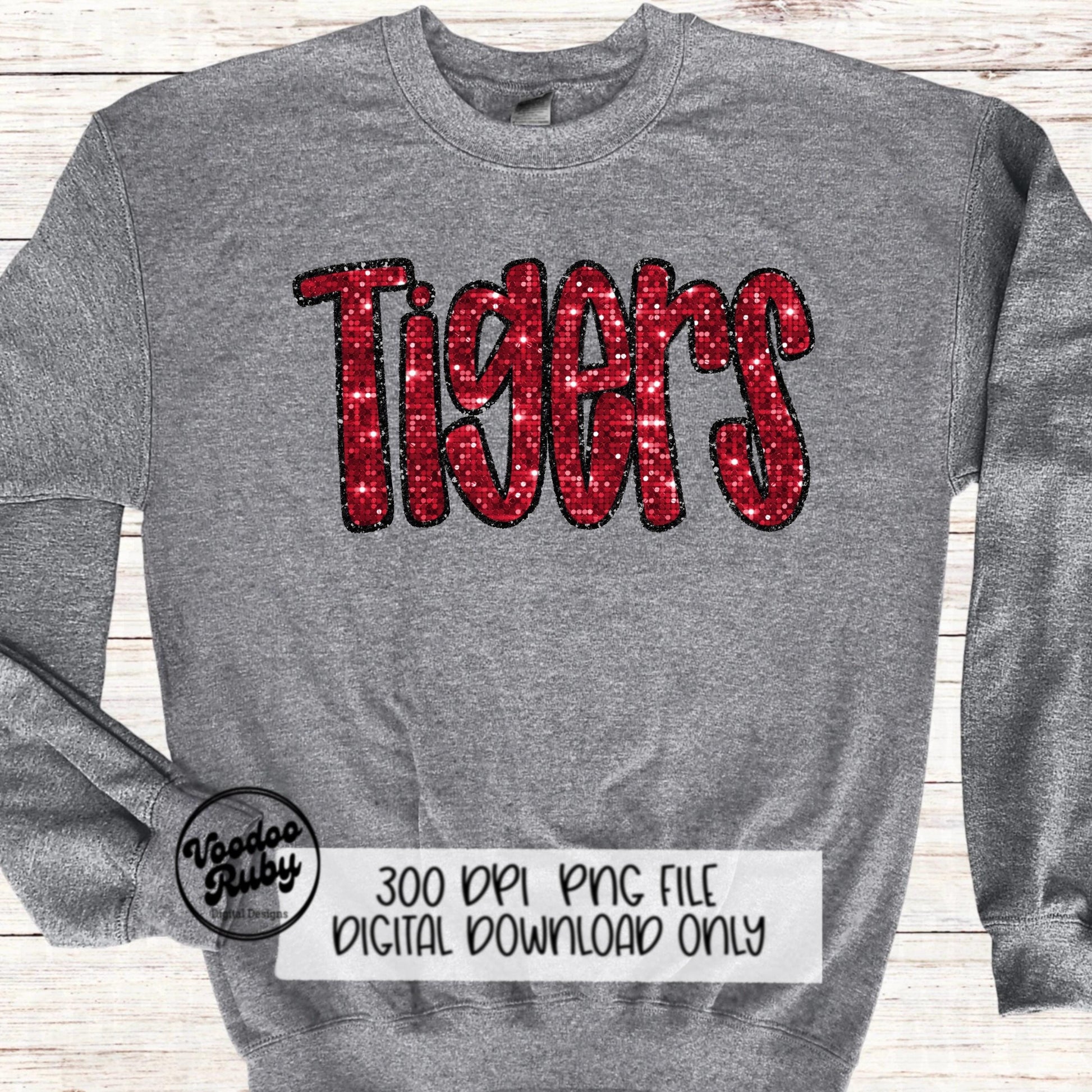 Tigers PNG Design Sequins Sublimation Hand Drawn Digital Download Faux Sequins Patch PNG Glitter Mascot Appliqué Red Tigers Football DTF