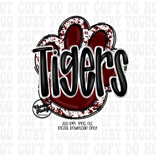 Tigers PNG Design Sublimation Hand Drawn Digital Download Football PNG Paw Maroon Tigers Football Mascot DTF Printable