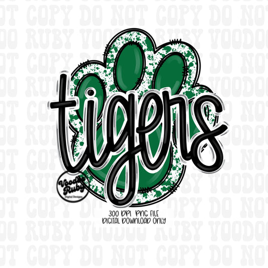 Tigers PNG Design Sublimation Hand Drawn Digital Download Football PNG Paw Green Tigers Football DTF Printable