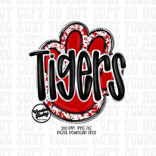 Tigers PNG Design Sublimation Hand Drawn Digital Download Football PNG Paw Red White Tigers Football Mascot DTF Printable