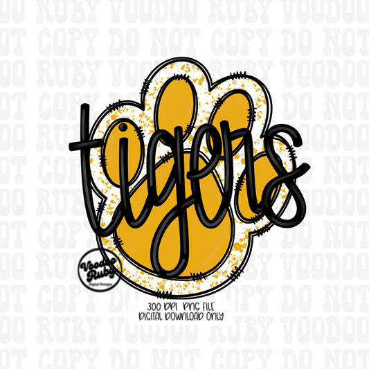 Tigers PNG Design Sublimation Yellow Gold Hand Drawn Digital Download Football PNG Paw Print Tigers Football DTF Printable