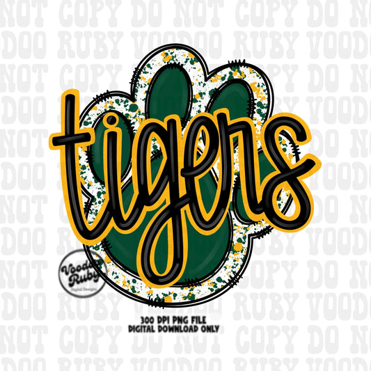 May include: Digital download of a 300 DPI PNG file featuring the word &#39;Tigers&#39; in a stylized, hand-drawn font. The text is overlaid on a green paw print graphic with white and gold splatters, creating a distressed, vintage look. The design incorporates black outlines and gold accents, suitable for various applications such as apparel, crafts, or school spirit merchandise.  The text &#39;300 DPI PNG FILE DIGITAL DOWNLOAD ONLY&#39; is also visible.
