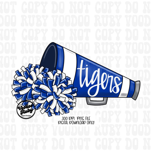 Tigers Cheer PNG Design Sublimation Hand Drawn Digital Download Football PNG Blue Tigers Cheerleader png Mascot Megaphone DTF Printable