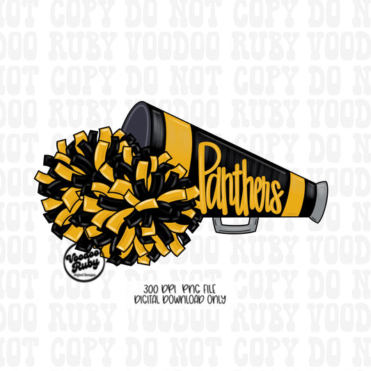 Panthers Cheer PNG Design Sublimation Hand Drawn Digital Download Football PNG Black Gold Panthers Cheerleader Megaphone DTF Printable