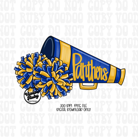 Panthers Cheer PNG Design Sublimation Hand Drawn Digital Download Football PNG Blue Gold Panthers Cheerleader Megaphone DTF Printable