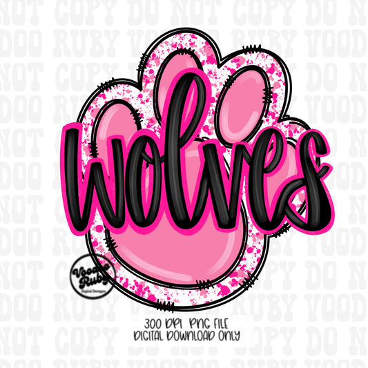 Pink Wolves PNG Design Sublimation Hand Drawn Digital Download Pink Football PNG Pink Paw Print Wolves DTF Printable Mascot png