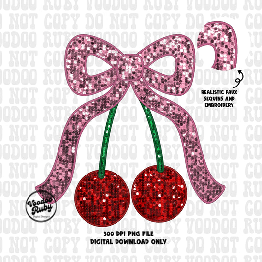 Pink ribbon with cherries png faux sequin faux embroidery png coquette aesthetic