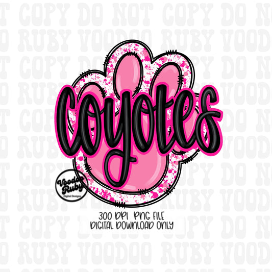 Coyotes PNG Design Sublimation Hand Drawn Digital Download Football PNG Pink Paw Print Coyotes Mascot DTF Printable