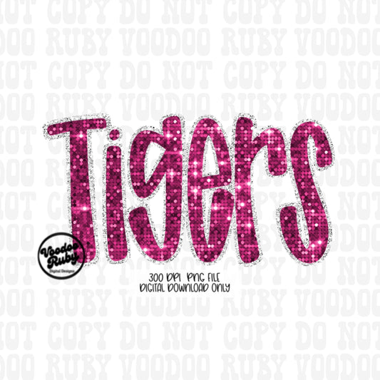 Pink Tigers PNG Sequin Design Sublimation Hand Drawn Digital Download Faux Sequins Patch PNG Printable Appliqué Tigers Football DTF October