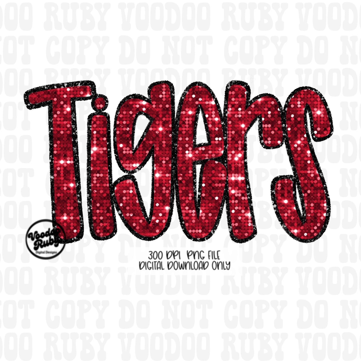 Tigers PNG Design Sequins Sublimation Hand Drawn Digital Download Faux Sequins Patch PNG Glitter Mascot Appliqué Red Tigers Football DTF