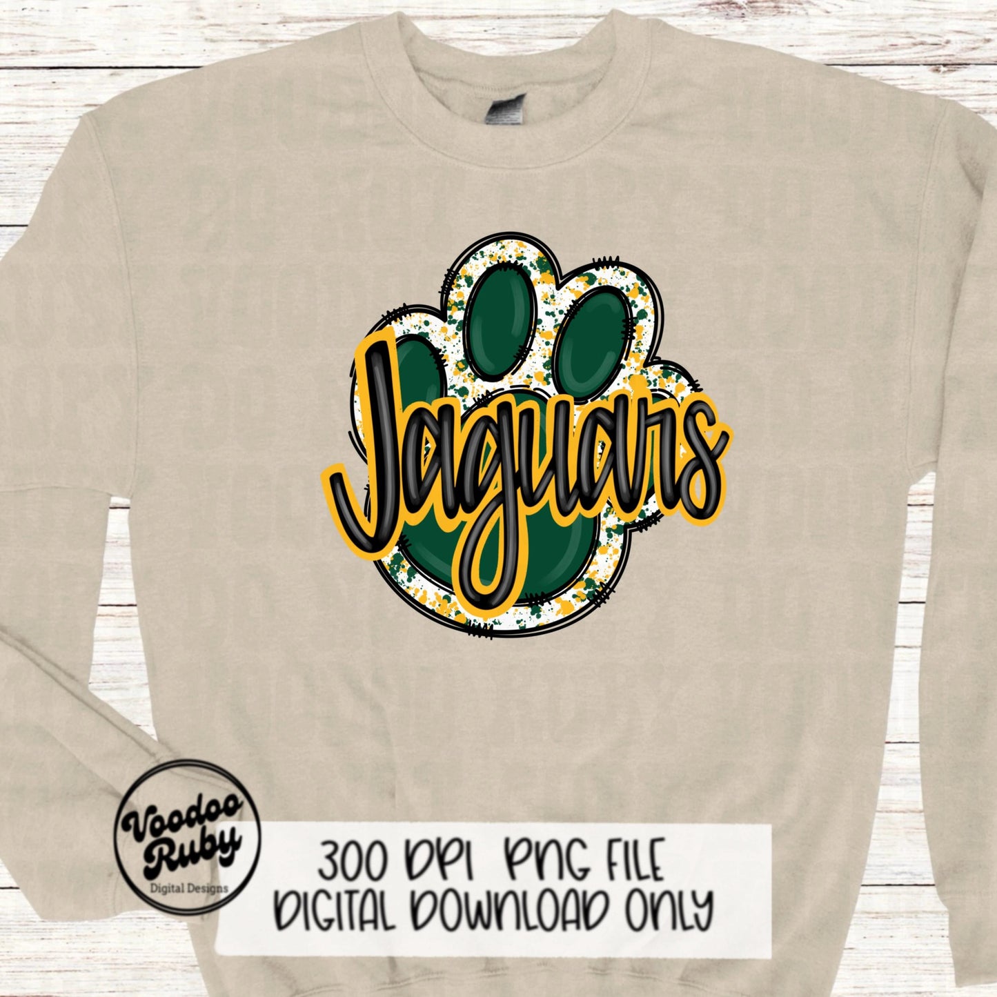 Jaguars PNG Design Hand Drawn Digital Download Football PNG Paw Print Sublimation Design Green Gold Jaguars Football DTF Printable Cheer png