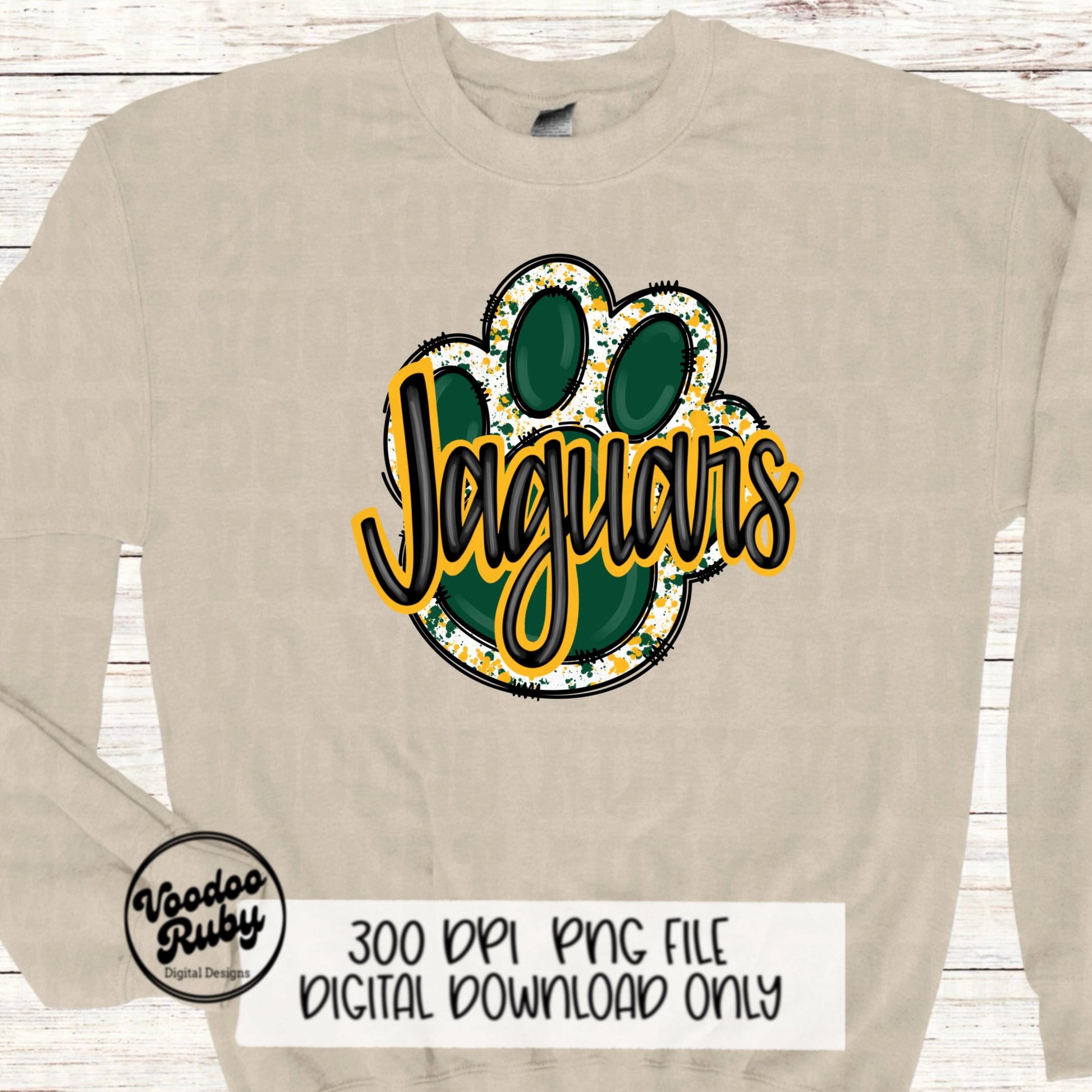 Jaguars PNG Design Hand Drawn Digital Download Football PNG Paw Print Sublimation Design Green Gold Jaguars Football DTF Printable Cheer png
