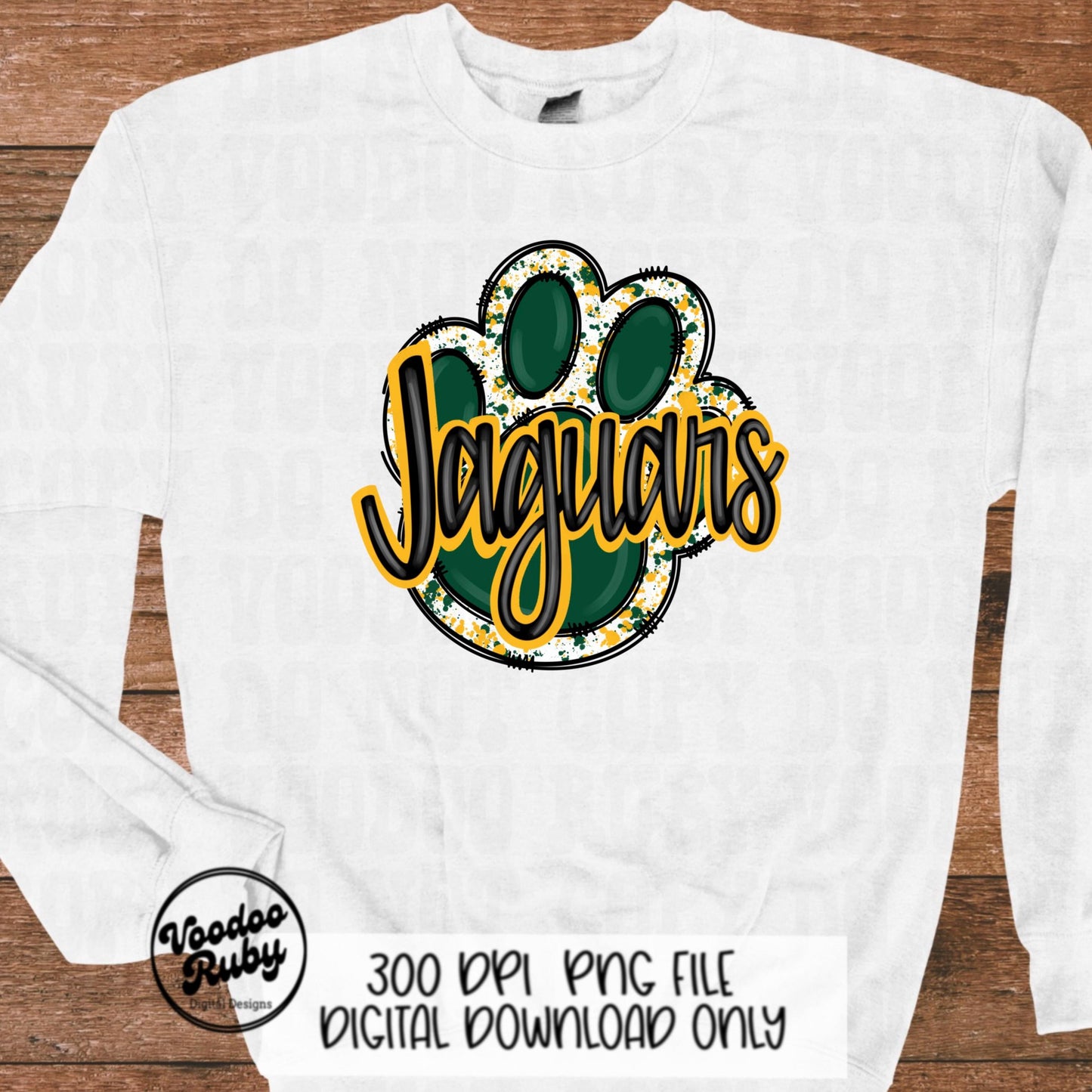 Jaguars PNG Design Hand Drawn Digital Download Football PNG Paw Print Sublimation Design Green Gold Jaguars Football DTF Printable Cheer png