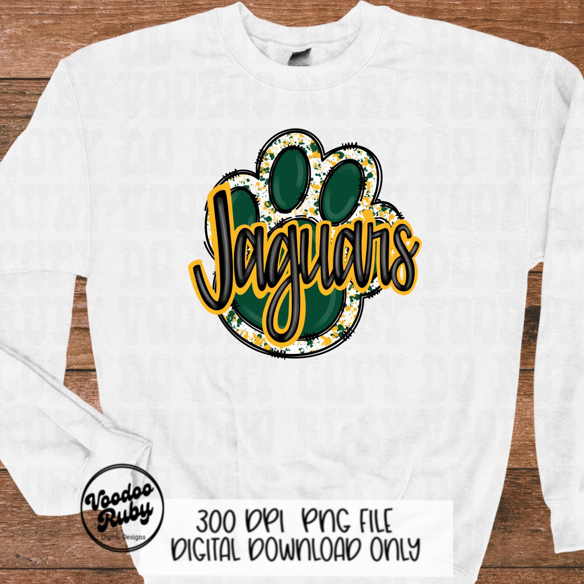 Jaguars PNG Design Hand Drawn Digital Download Football PNG Paw Print Sublimation Design Green Gold Jaguars Football DTF Printable Cheer png