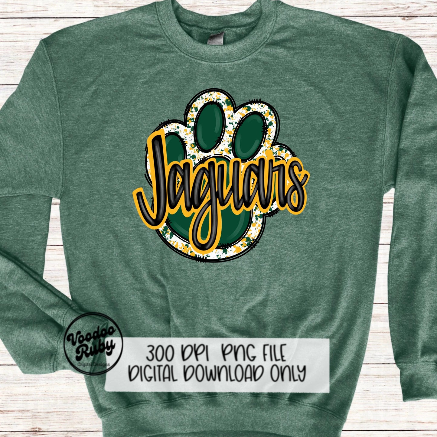Jaguars PNG Design Hand Drawn Digital Download Football PNG Paw Print Sublimation Design Green Gold Jaguars Football DTF Printable Cheer png