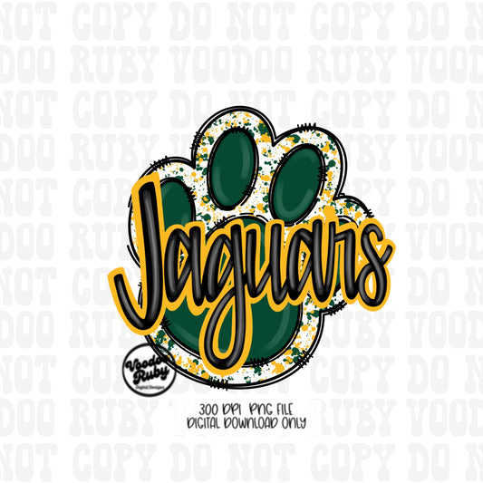 Jaguars PNG Design Hand Drawn Digital Download Football PNG Paw Print Sublimation Design Green Gold Jaguars Football DTF Printable Cheer png