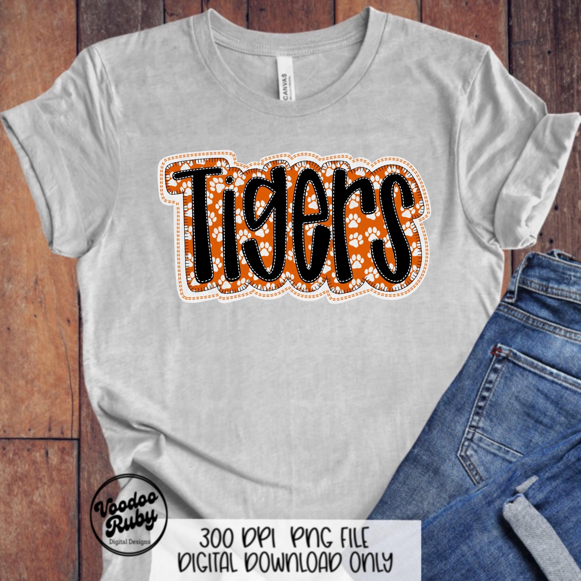 Tigers PNG Design Faux Embroidery Sublimation Hand Drawn Digital Download Orange White Tigers PNG Football png Mascot DTF Printable