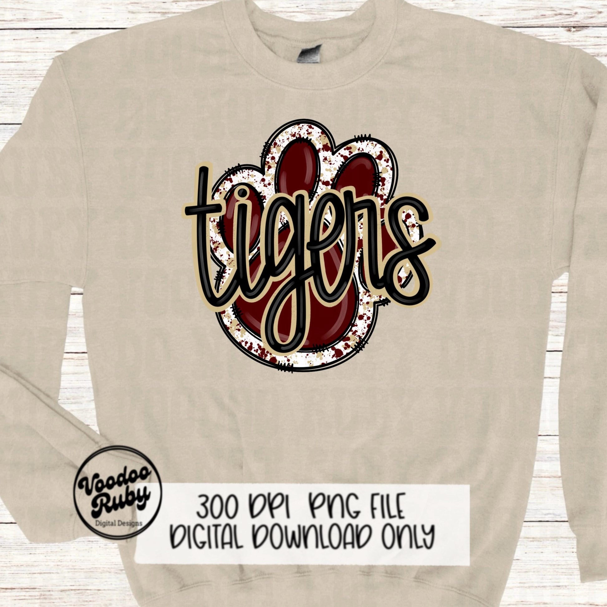 Tigers PNG Design Sublimation Hand Drawn Digital Download Football PNG Paw Print Mascot Maroon Gold Football DTF Printable