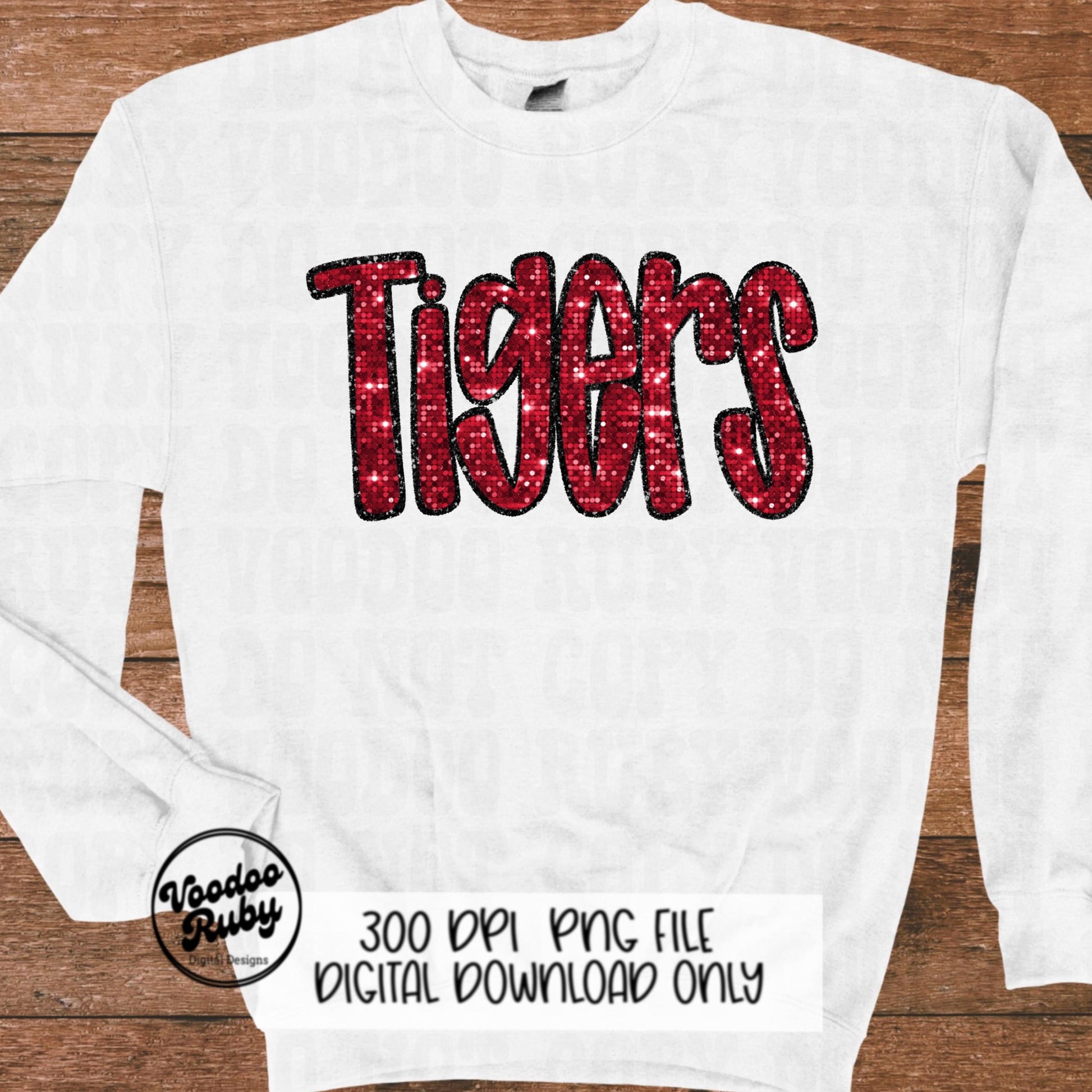 Tigers PNG Design Sequins Sublimation Hand Drawn Digital Download Faux Sequins Patch PNG Glitter Mascot Appliqué Red Tigers Football DTF
