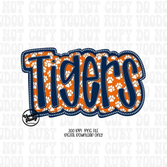 Tigers Mascot PNG: Blue Orange Faux Embroidery Design (Digital Download)