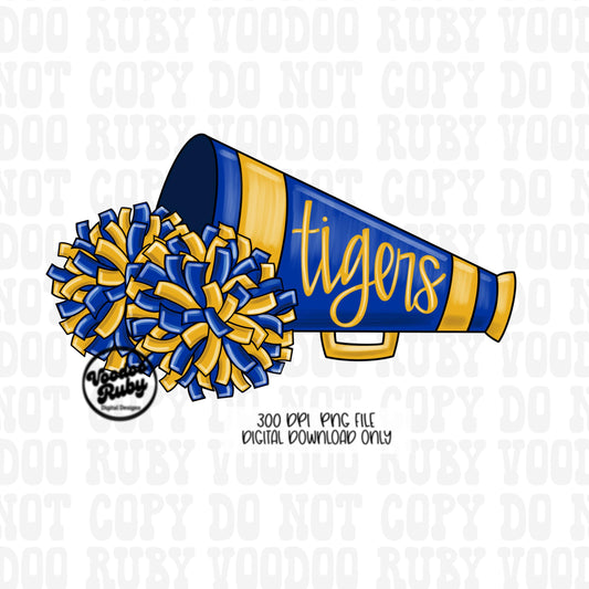 Blue and Yellow Gold Tigers Cheer PNG Design Sublimation Hand Drawn Digital Download Football PNG Cheerleader DTF Printable Clip Art